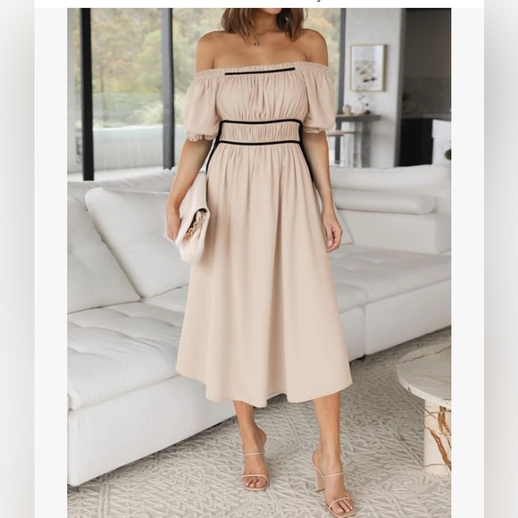 NWT BEIGE BOHO OFF/ON SHOULDER MIDI DRESS-S - Picture 12 of 15